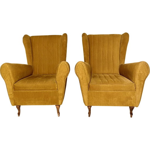 Ensemble de salon vintage en bois et velours, Italie, années 1950