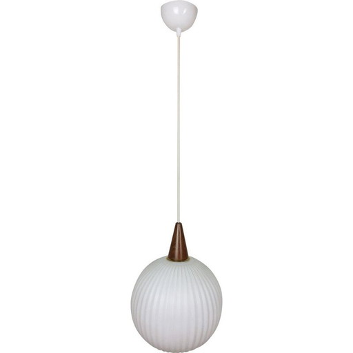 Lampe suspendue vintage en teck et opaline, 1960s