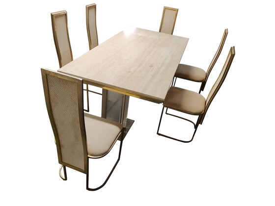 Image 1 of Esstisch aus Messing und Travertin, 1970er Jahre