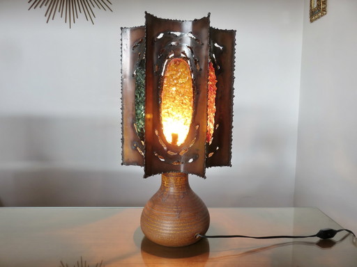 Große Lampe Accolay Brutalist, Fuß aus Keramik, Lampenschirm aus Metall und Harz, 1960