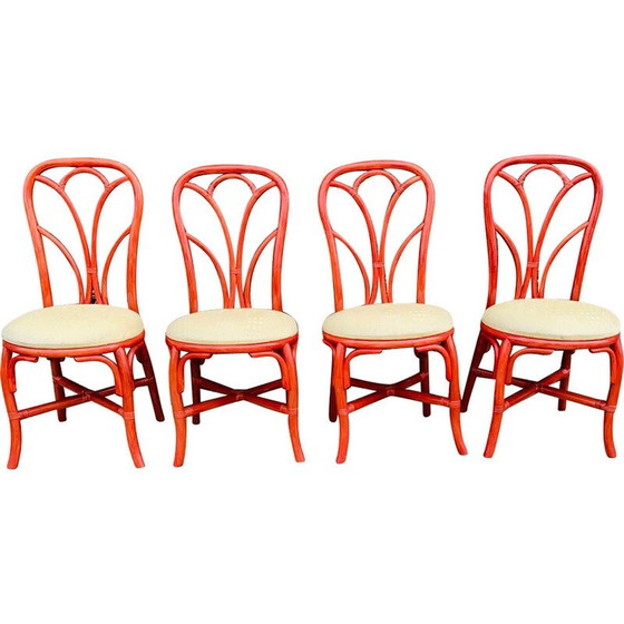Image 1 of Satz von 4 roten Vintage-Rattan-Stühlen