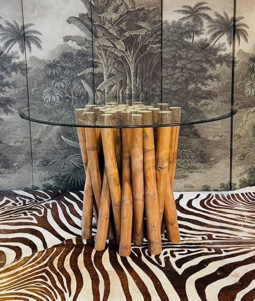 Vintage Bambus Esstisch mit facettierter runder Glasplatte