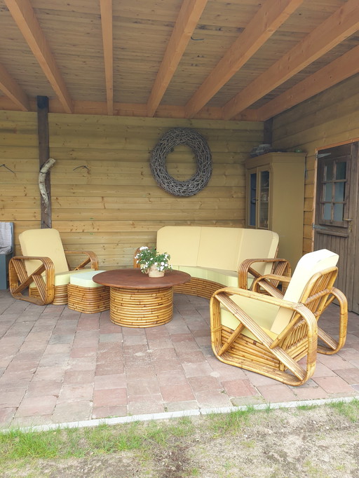 Sehr seltene Vintage Paul Frankl Rattan Set 5 Stück 1930s