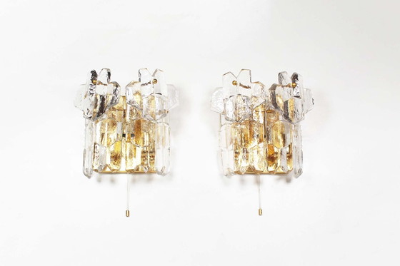 Image 1 of 2X Messing und schweres Eis Glas Sconces von Kalmar, Österreich 1970'S