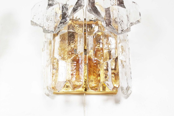 Image 1 of 2X Messing und schweres Eis Glas Sconces von Kalmar, Österreich 1970'S