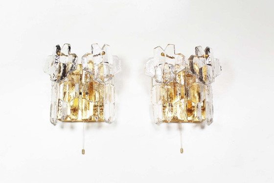 Image 1 of 2X Messing und schweres Eis Glas Sconces von Kalmar, Österreich 1970'S