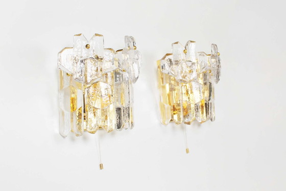 Image 1 of 2X Messing und schweres Eis Glas Sconces von Kalmar, Österreich 1970'S