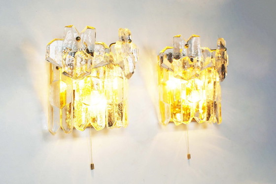 Image 1 of 2X Messing und schweres Eis Glas Sconces von Kalmar, Österreich 1970'S