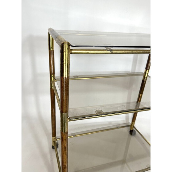 Image 1 of Vintage-Wagen mit drei Regalen aus Messing und Holz von Tommaso Barbi, Italien 1970