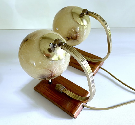 Image 1 of 2X Art Deco Glas Holz Tischlampen