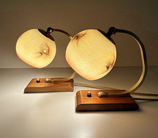 2X Art Deco Glas Holz Tischlampen