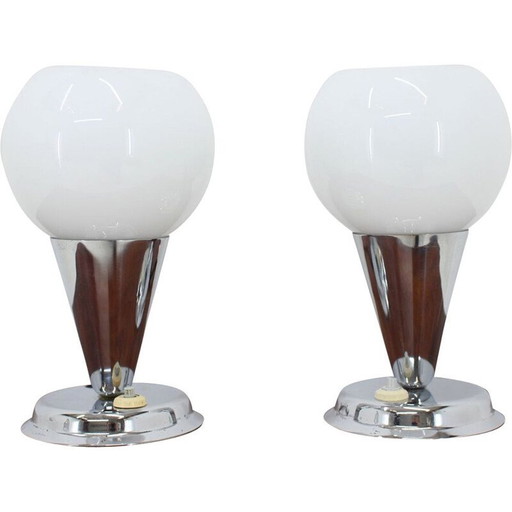 Paar alte Bauhaus Art Deco Tischlampen in Chrom, Tschechoslowakei 1930
