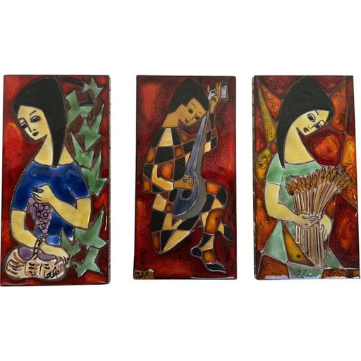 Satz von 3 emaillierten Gemälden von Frauen, Frankreich 1960