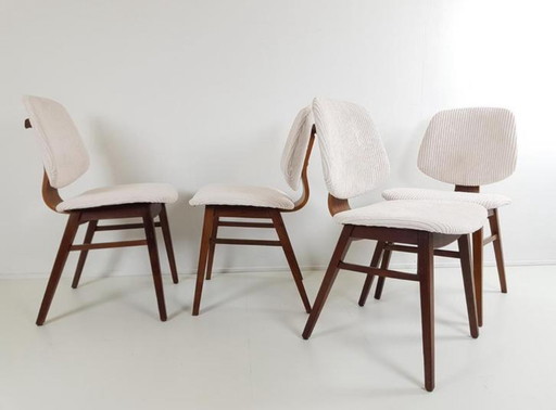 4 vintage stühle teak creme rippen stoff neu gepolstert