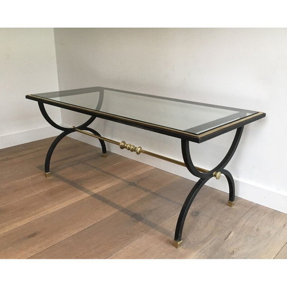 Image 1 of Neoklassischer Couchtisch aus geschwärztem Stahl und Messing, 1950