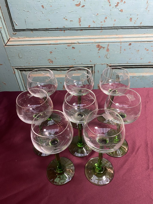 8X Vintage Elsass Gläser mit Trauben Gravur