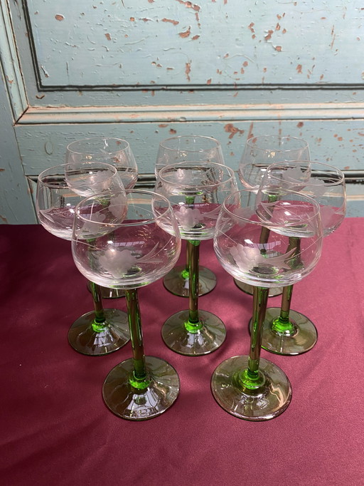 8X Vintage Elsass Gläser mit Trauben Gravur