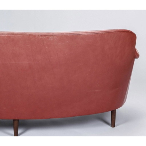 Vintage geschwungenes 3-Sitzer-Sofa in Leder und Buche von Carl Malmsten für OH Sjögren, 1950