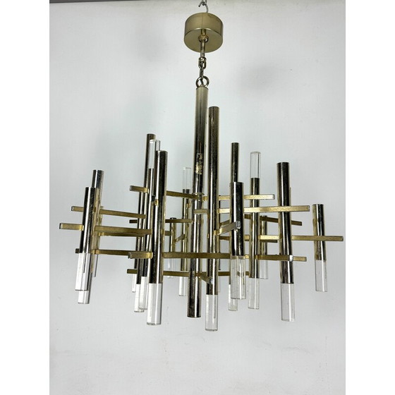 Image 1 of Vintage-Kronleuchter mit 15 Lichtern aus Chromstahl und Plexiglas für Sciolari, Italien 1960