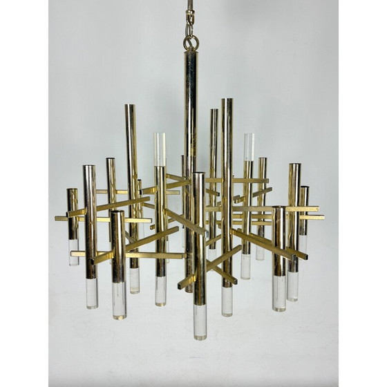 Image 1 of Vintage-Kronleuchter mit 15 Lichtern aus Chromstahl und Plexiglas für Sciolari, Italien 1960