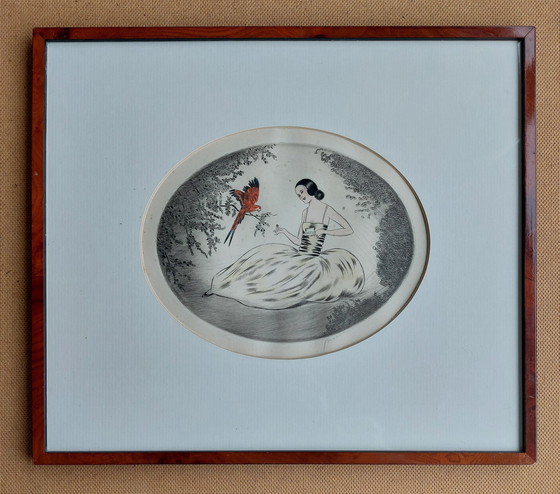 Image 1 of Art-Deco-Farbradierungen. Mit dem Titel "Mädchen mit rotem Papagei".
