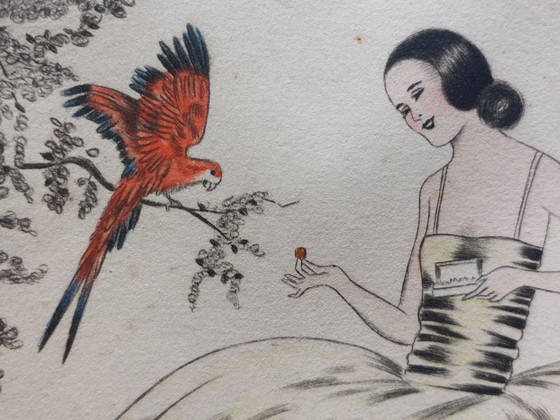 Image 1 of Art-Deco-Farbradierungen. Mit dem Titel "Mädchen mit rotem Papagei".