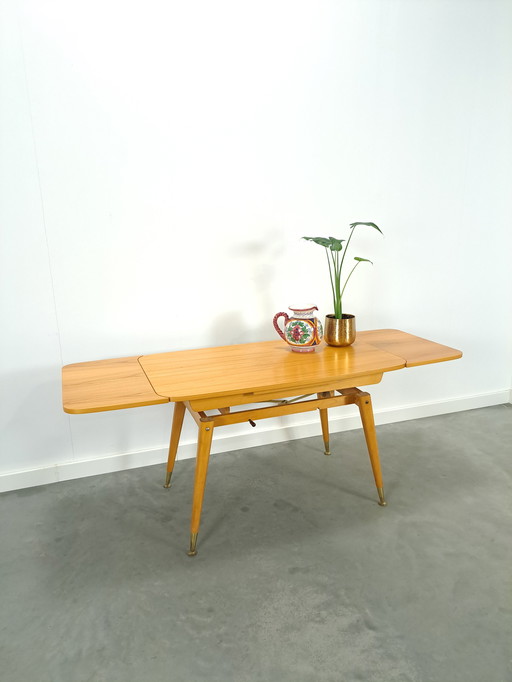 Tisch mit Furnier, höhenverstellbar und ausziehbar mit Messingbeinen, Vintage-Esstisch