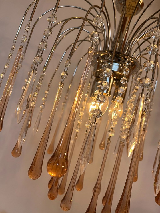 Image 1 of Rosa Teardrop Chandelier Pendelleuchte Birnen Chromrahmen Kristall