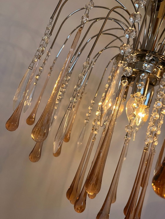 Image 1 of Rosa Teardrop Chandelier Pendelleuchte Birnen Chromrahmen Kristall