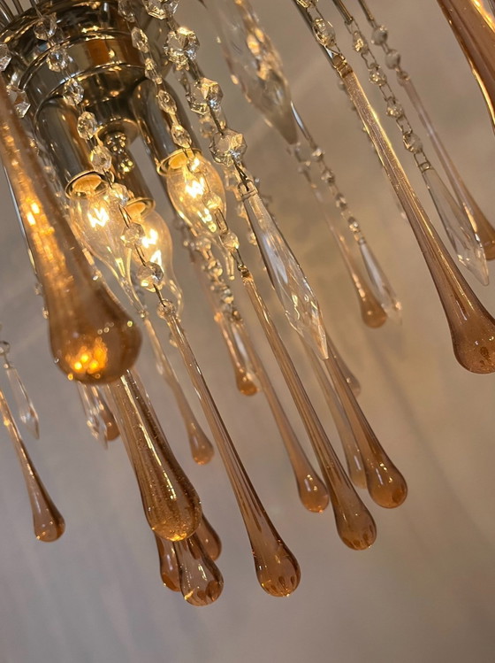 Image 1 of Rosa Teardrop Chandelier Pendelleuchte Birnen Chromrahmen Kristall