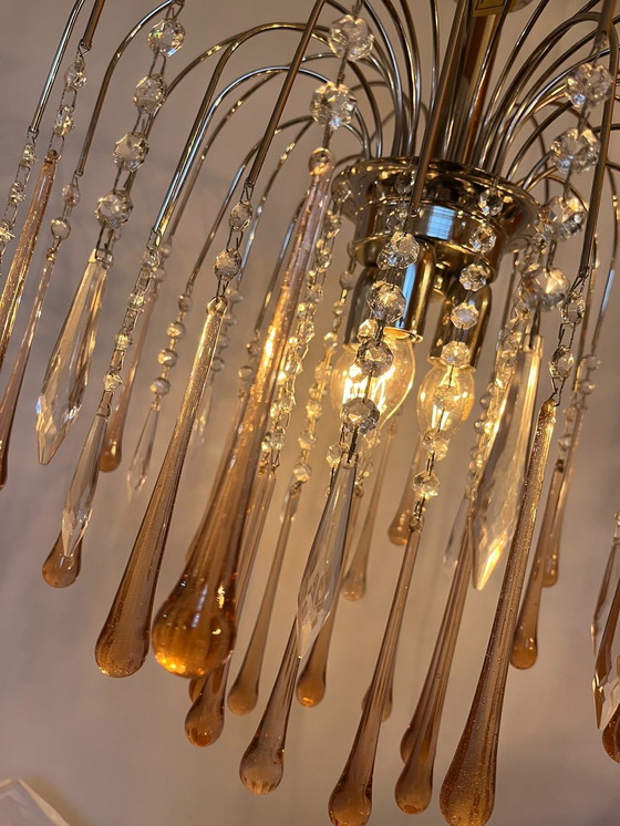 Image 1 of Rosa Teardrop Chandelier Pendelleuchte Birnen Chromrahmen Kristall