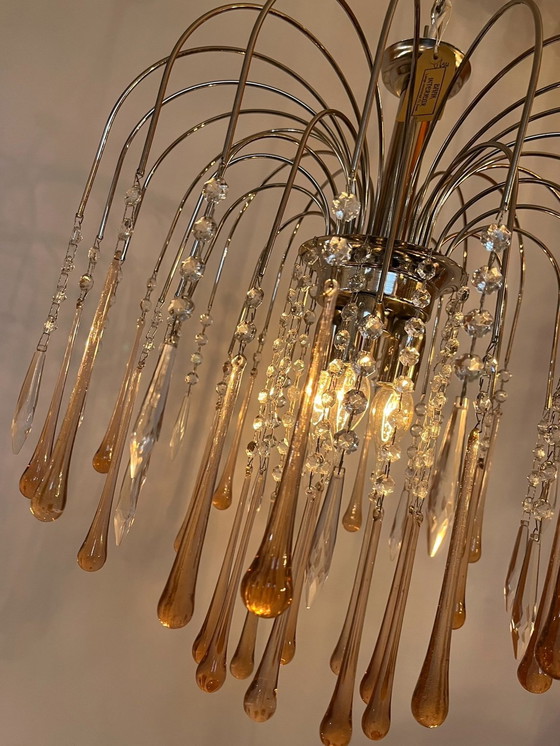 Image 1 of Rosa Teardrop Chandelier Pendelleuchte Birnen Chromrahmen Kristall