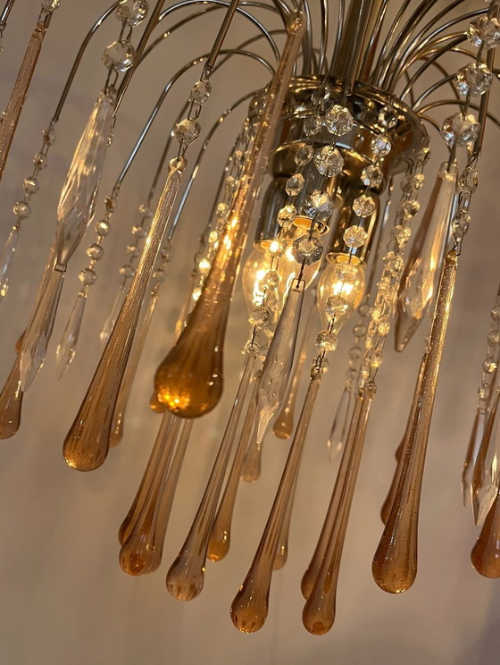 Image 1 of Rosa Teardrop Chandelier Pendelleuchte Birnen Chromrahmen Kristall