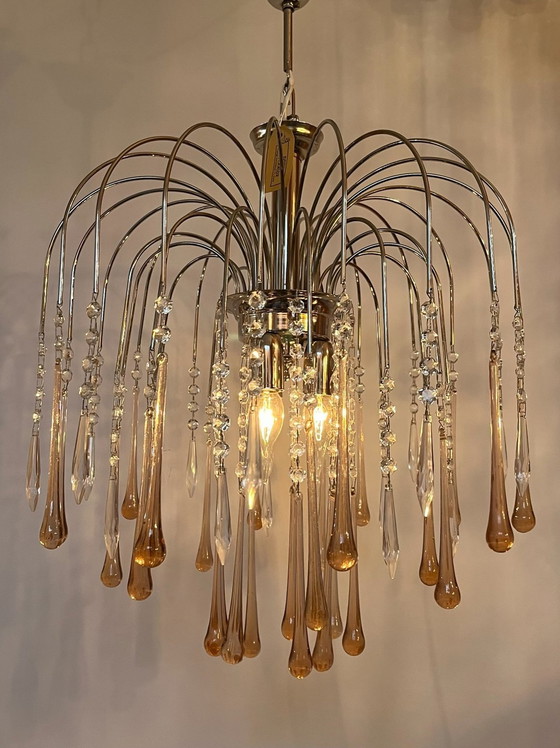 Image 1 of Rosa Teardrop Chandelier Pendelleuchte Birnen Chromrahmen Kristall