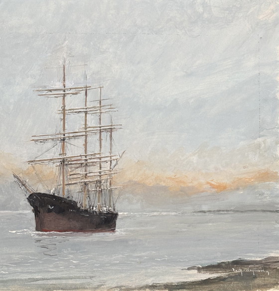 Image 1 of René Marie Dujardin - Wunderschönes Aquarell eines Schiffes auf See.