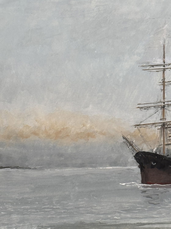 Image 1 of René Marie Dujardin - Wunderschönes Aquarell eines Schiffes auf See.