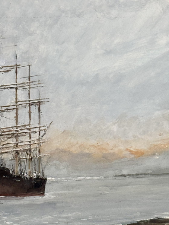 Image 1 of René Marie Dujardin - Wunderschönes Aquarell eines Schiffes auf See.