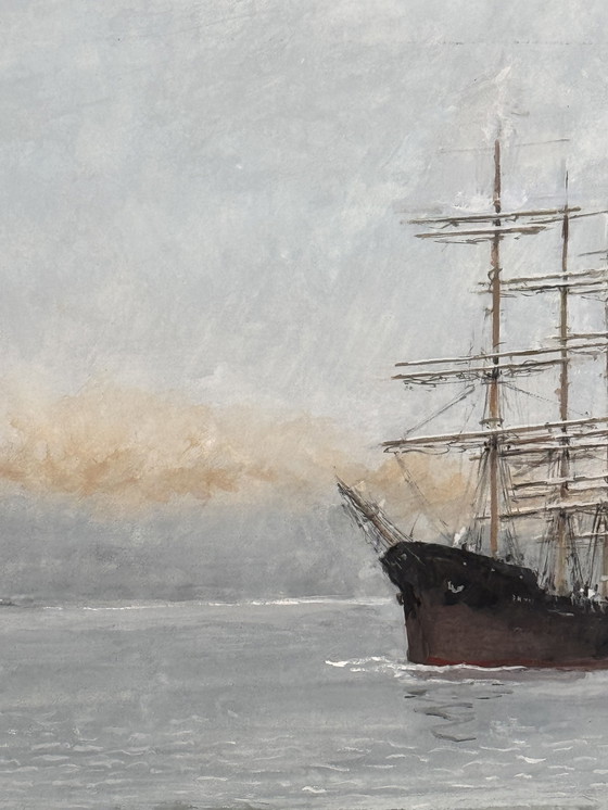 Image 1 of René Marie Dujardin - Wunderschönes Aquarell eines Schiffes auf See.