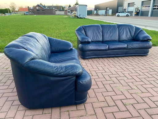  3 + 2.5 Sitzer Blau Echtleder Sofa Set