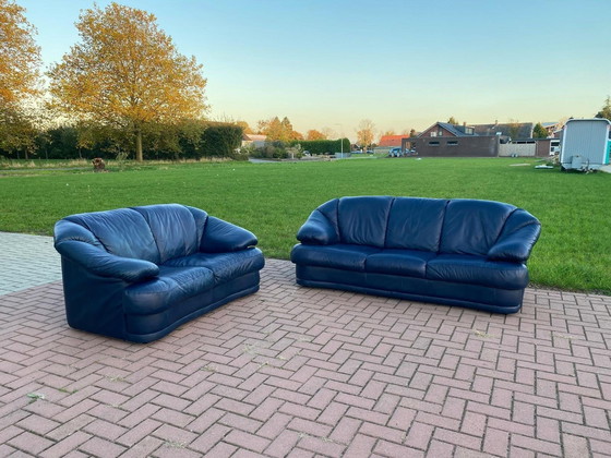 Image 1 of  3 + 2.5 Sitzer Blau Echtleder Sofa Set