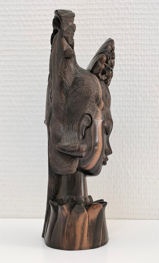 Image 1 of Büste Holz Ebenholz Frau Blumen Kopfschmuck 60er - 70er Jahre