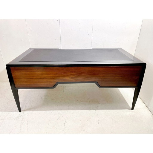 Mid Century Schreibtisch aus Holz, Leder und Messing