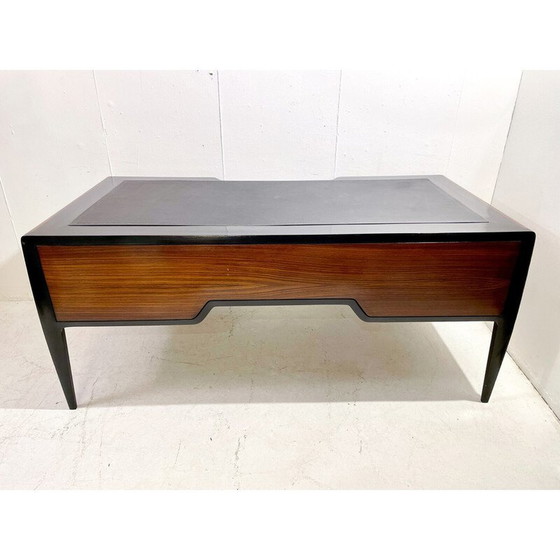Image 1 of Mid Century Schreibtisch aus Holz, Leder und Messing