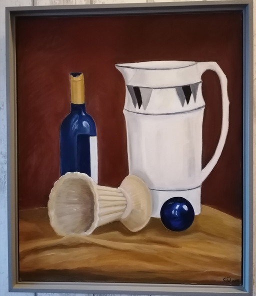Stillleben mit Weinflasche und Krug, Coby den Ouden – schilderijen tekeningen, Figuratief