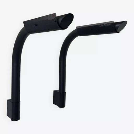 2X Rohrförmige Metall-Wandleuchten Schwarz Und Gelocht Von Parscot, Frankreich 1980