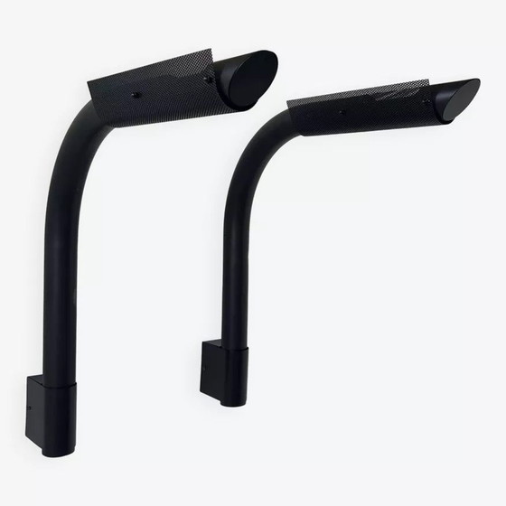 Image 1 of 2X Rohrförmige Metall-Wandleuchten Schwarz Und Gelocht Von Parscot, Frankreich 1980