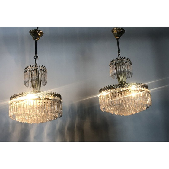 Image 1 of Vintage Kronleuchter aus vergoldetem Messing und Kristallpapillen, 1970