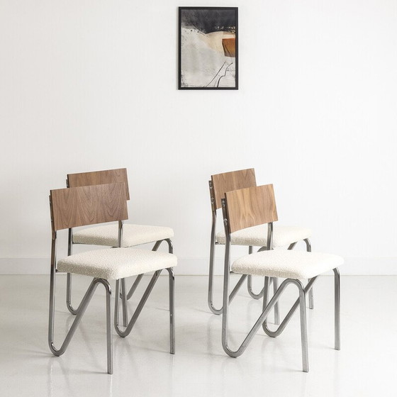 Image 1 of Set aus 4 Vintage-Stühlen mit verchromtem Stahlgestell und Rückenlehne aus Nussbaumholz
