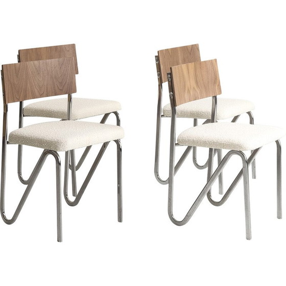 Image 1 of Set aus 4 Vintage-Stühlen mit verchromtem Stahlgestell und Rückenlehne aus Nussbaumholz