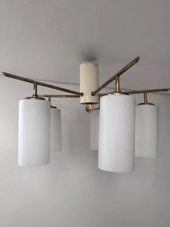 Image 1 of Vintage Italienische Deckenleuchte, Messing Und Opalin, 1950